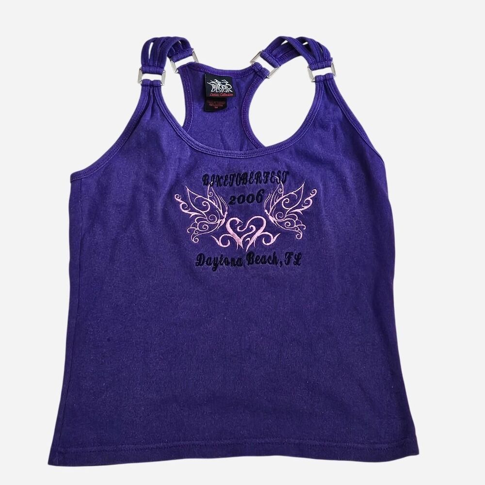 y2k biketoberfest purple embroidered tank top